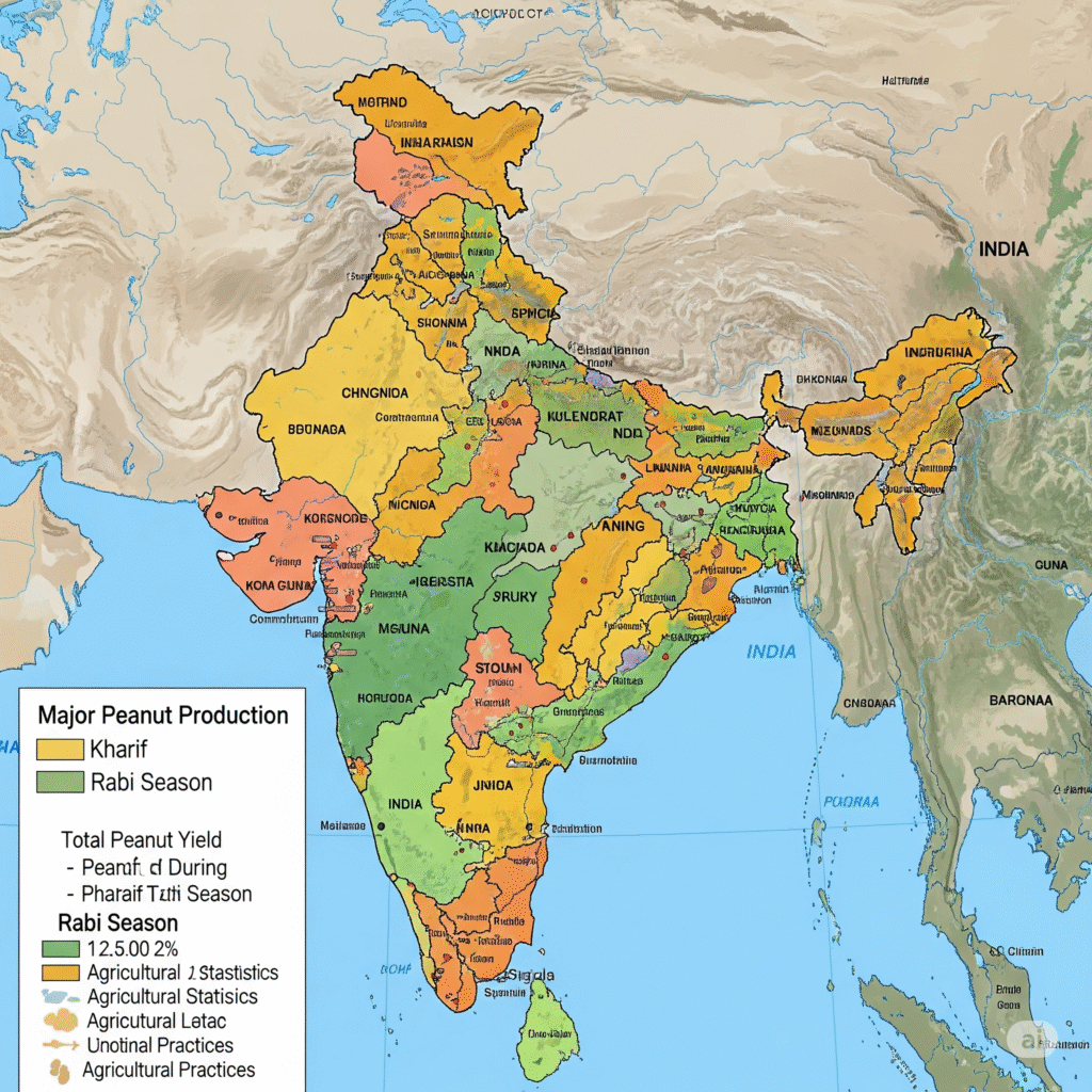 Indian Peanuts: Harvest Calendar, Production & Export Guide Map showing major peanut producing states in India during Kharif and Rabi seasons