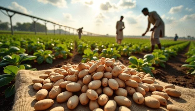 "Freshly harvested groundnuts on a farm in Gujarat, India, with farmers working in the background – showcasing record groundnut production in 2025."
