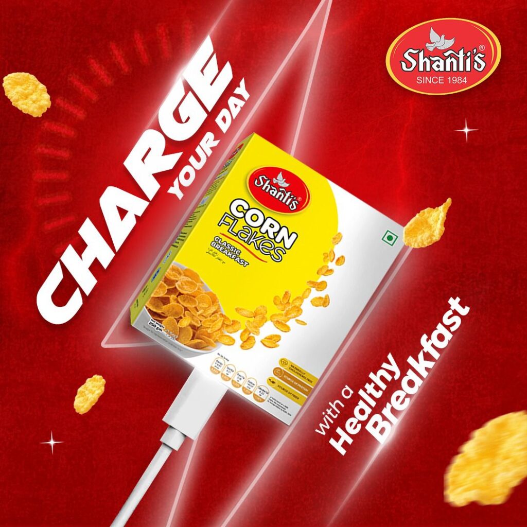 “Classic golden corn flakes – export-quality cereal manufactured by Shanti’s 1984 for HoReCa, retail, and private-label buyers.”