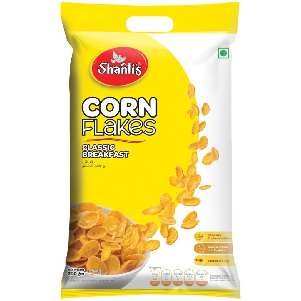 “Bulk corn flakes supply for hotels and HoReCa buyers – export-ready industrial packs manufactured by Shanti’s 1984.”